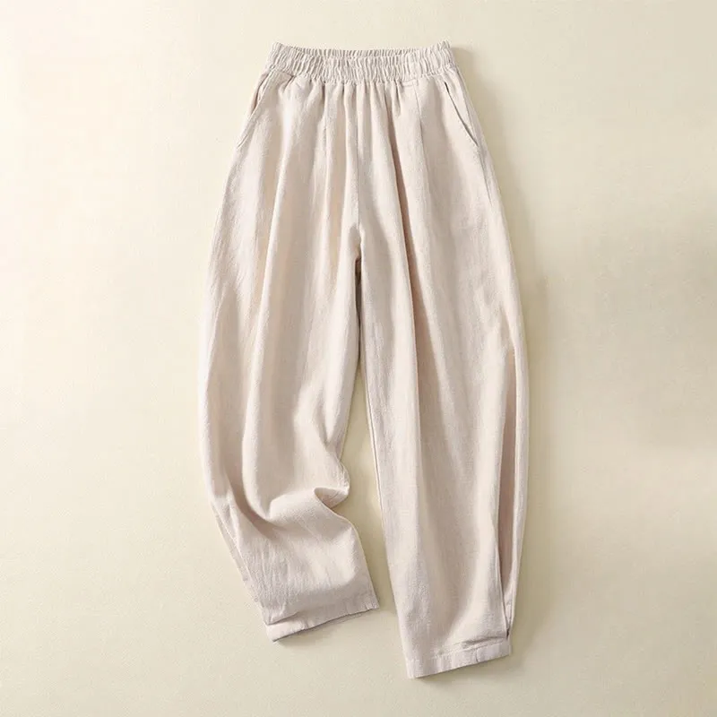 Buddha Stones Versatile Casual Solid Color Elastic Waistband Cotton Linen Women's Pants With Pockets
