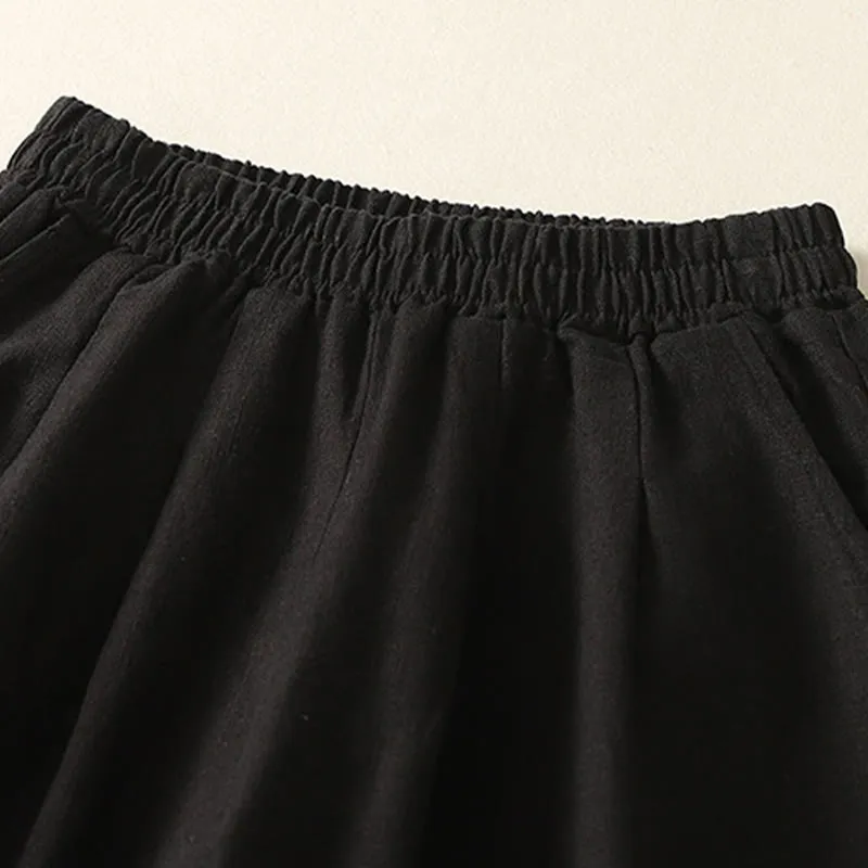 Buddha Stones Versatile Casual Solid Color Elastic Waistband Cotton Linen Women's Pants With Pockets