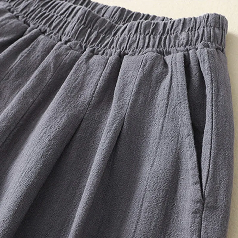 Buddha Stones Versatile Casual Solid Color Elastic Waistband Cotton Linen Women's Pants With Pockets