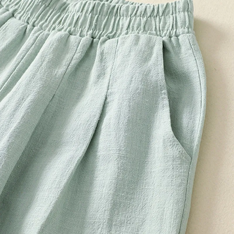 Buddha Stones Versatile Casual Solid Color Elastic Waistband Cotton Linen Women's Pants With Pockets