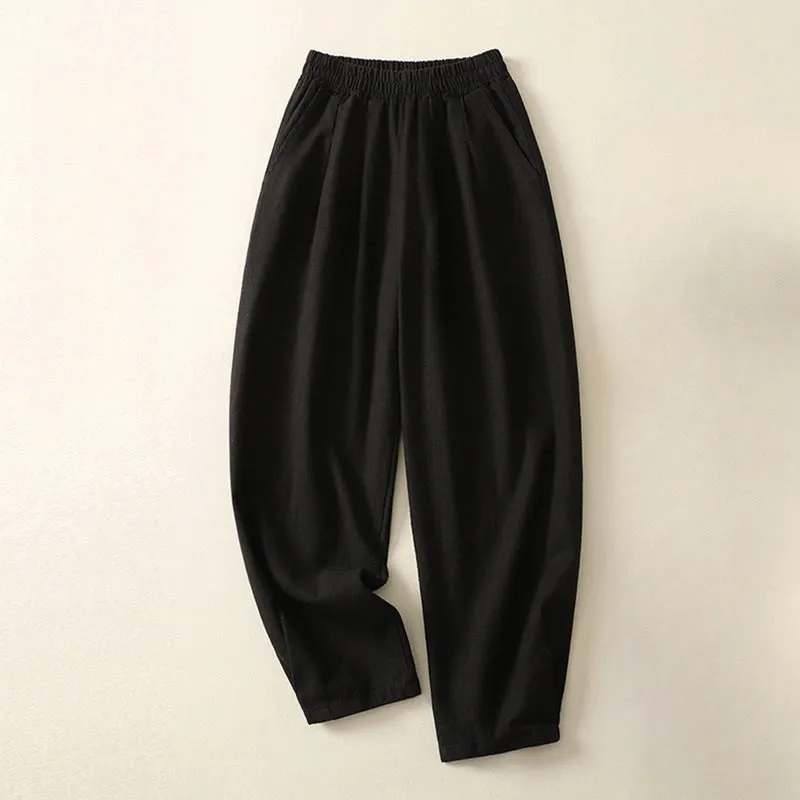 Buddha Stones Versatile Casual Solid Color Elastic Waistband Cotton Linen Women's Pants With Pockets