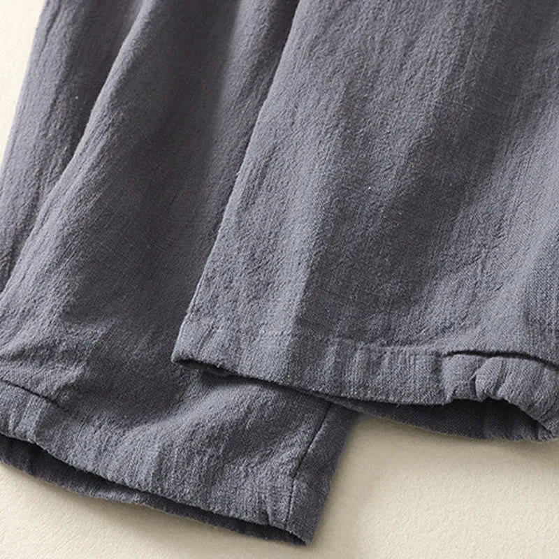 Buddha Stones Versatile Casual Solid Color Elastic Waistband Cotton Linen Women's Pants With Pockets