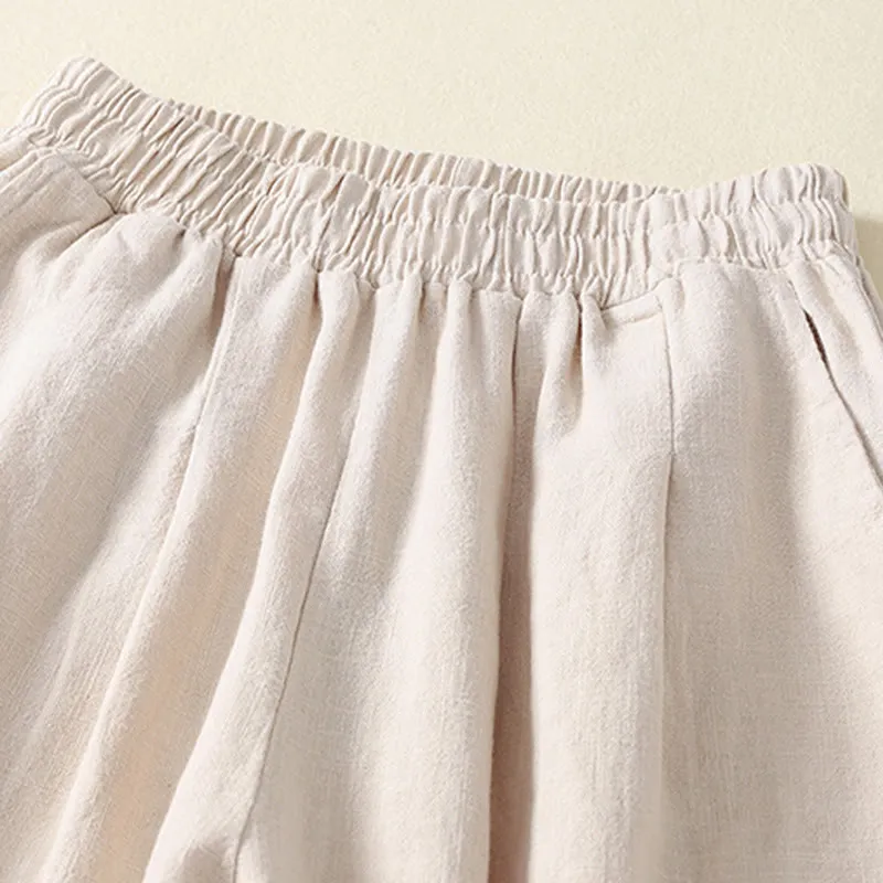 Buddha Stones Versatile Casual Solid Color Elastic Waistband Cotton Linen Women's Pants With Pockets