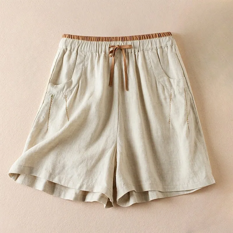 Buddha Stones Wild Simple Design Embroidery Drawstring Cotton Linen Women's Shorts With Pockets