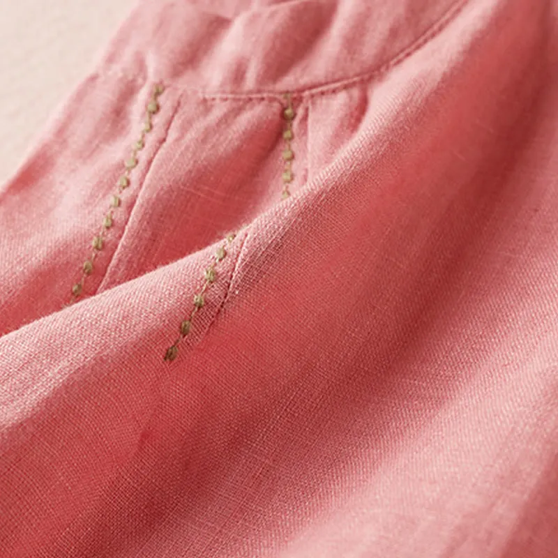 Buddha Stones Wild Simple Design Embroidery Drawstring Cotton Linen Women's Shorts With Pockets