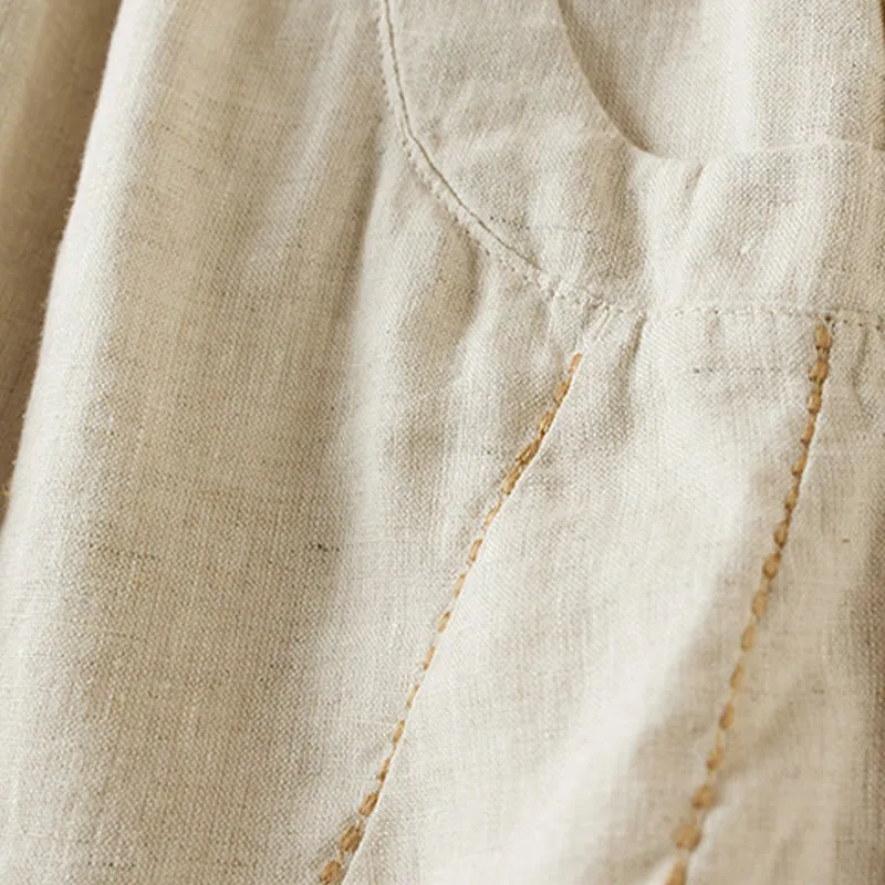 Buddha Stones Wild Simple Design Embroidery Drawstring Cotton Linen Women's Shorts With Pockets