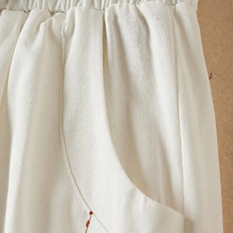 Buddha Stones Wild Simple Design Embroidery Drawstring Cotton Linen Women's Shorts With Pockets