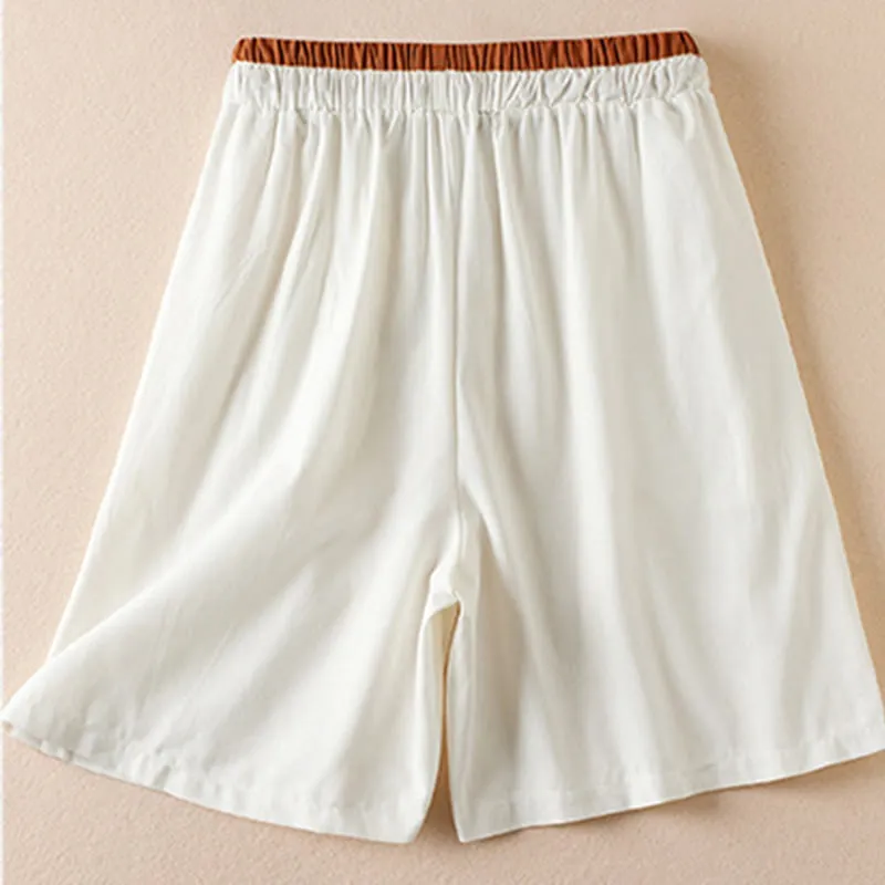 Buddha Stones Wild Simple Design Embroidery Drawstring Cotton Linen Women's Shorts With Pockets