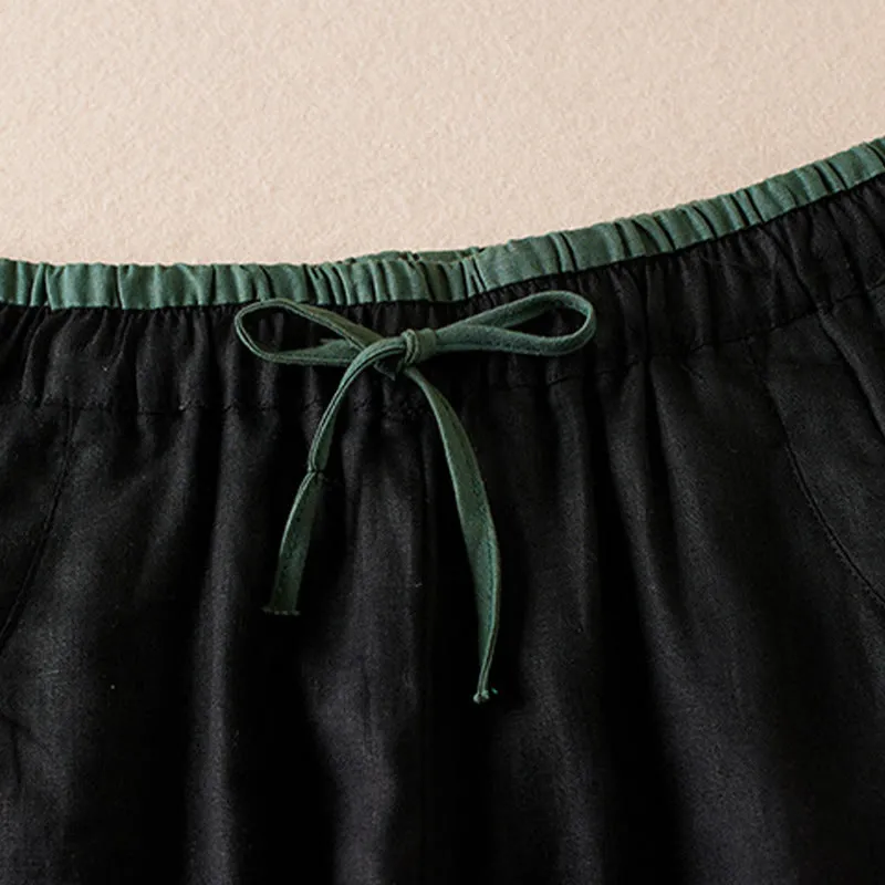 Buddha Stones Wild Simple Design Embroidery Drawstring Cotton Linen Women's Shorts With Pockets
