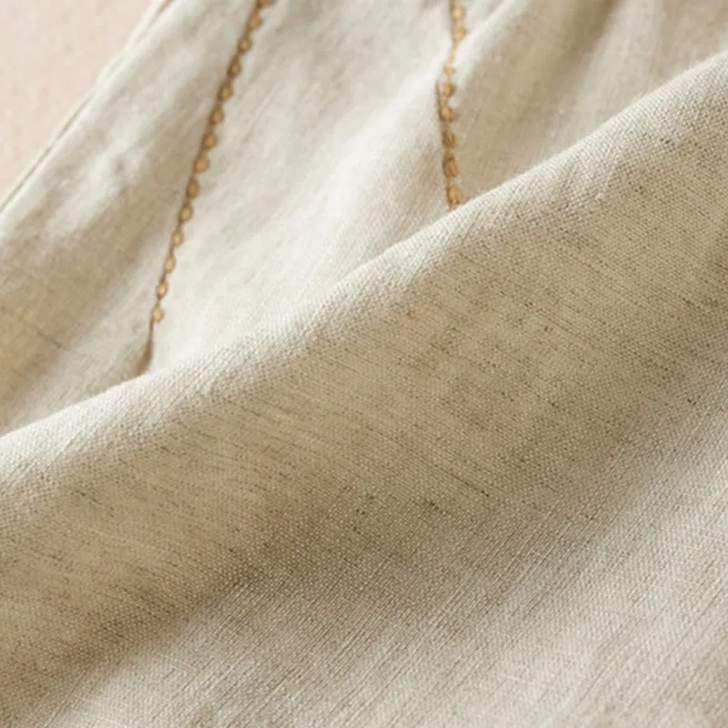 Buddha Stones Wild Simple Design Embroidery Drawstring Cotton Linen Women's Shorts With Pockets