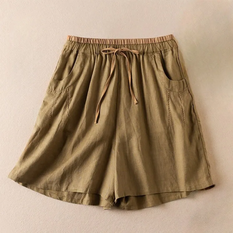 Buddha Stones Wild Simple Design Embroidery Drawstring Cotton Linen Women's Shorts With Pockets