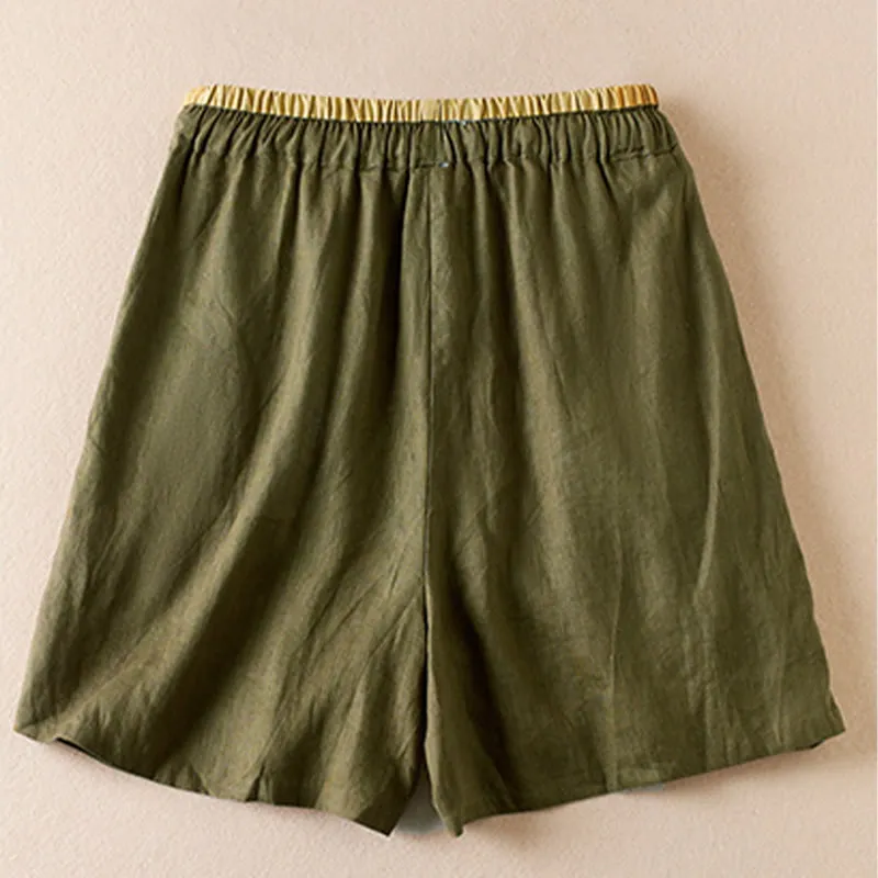Buddha Stones Wild Simple Design Embroidery Drawstring Cotton Linen Women's Shorts With Pockets