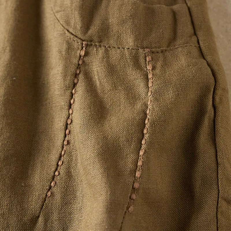 Buddha Stones Wild Simple Design Embroidery Drawstring Cotton Linen Women's Shorts With Pockets