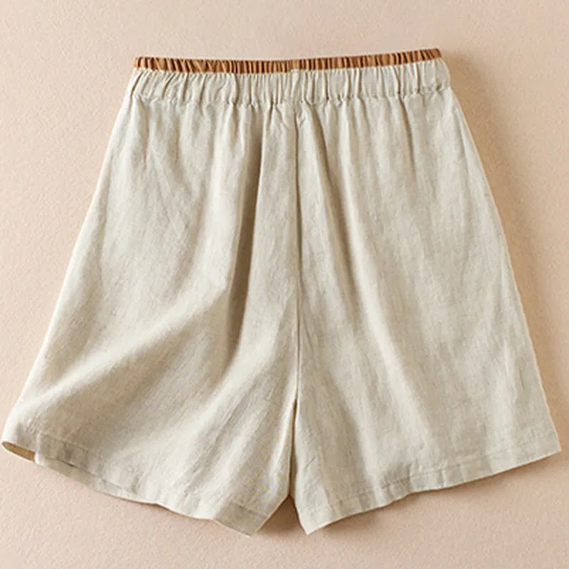 Buddha Stones Wild Simple Design Embroidery Drawstring Cotton Linen Women's Shorts With Pockets