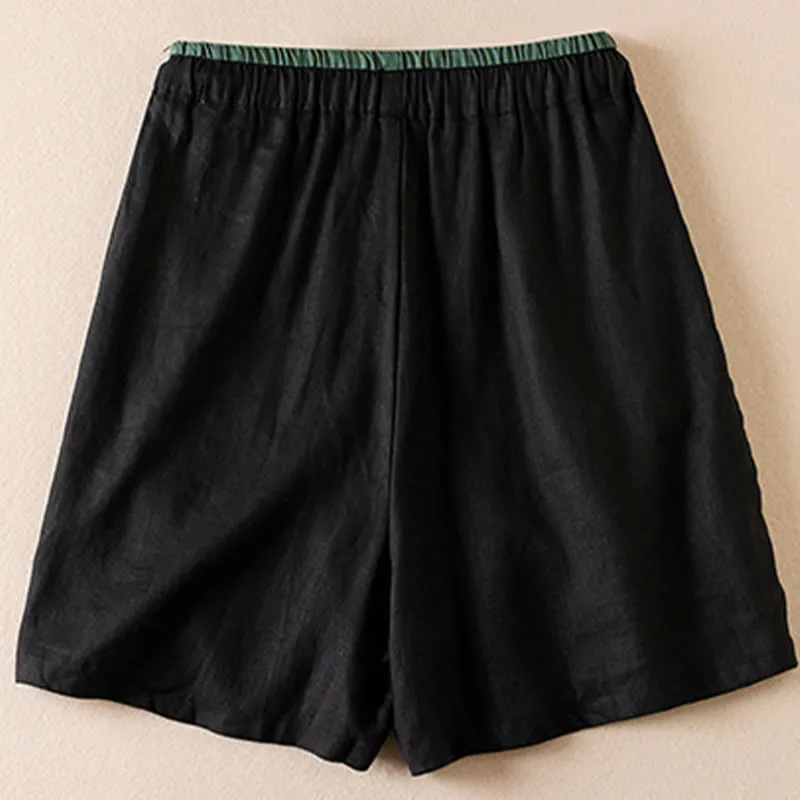 Buddha Stones Wild Simple Design Embroidery Drawstring Cotton Linen Women's Shorts With Pockets