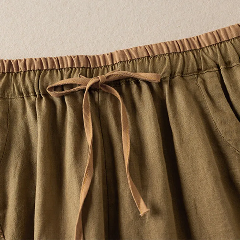 Buddha Stones Wild Simple Design Embroidery Drawstring Cotton Linen Women's Shorts With Pockets