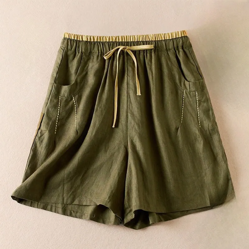 Buddha Stones Wild Simple Design Embroidery Drawstring Cotton Linen Women's Shorts With Pockets