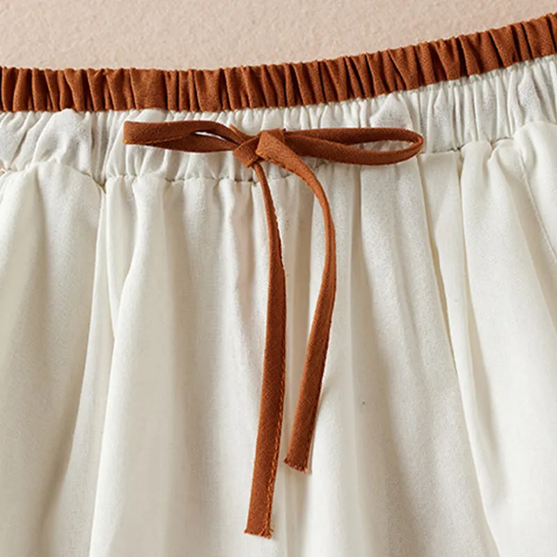 Buddha Stones Wild Simple Design Embroidery Drawstring Cotton Linen Women's Shorts With Pockets