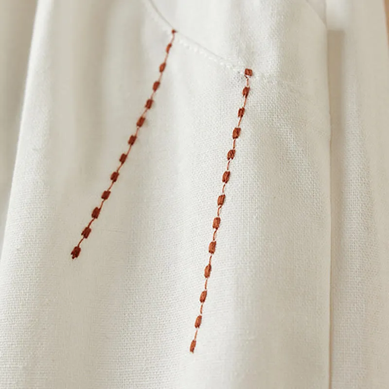 Buddha Stones Wild Simple Design Embroidery Drawstring Cotton Linen Women's Shorts With Pockets