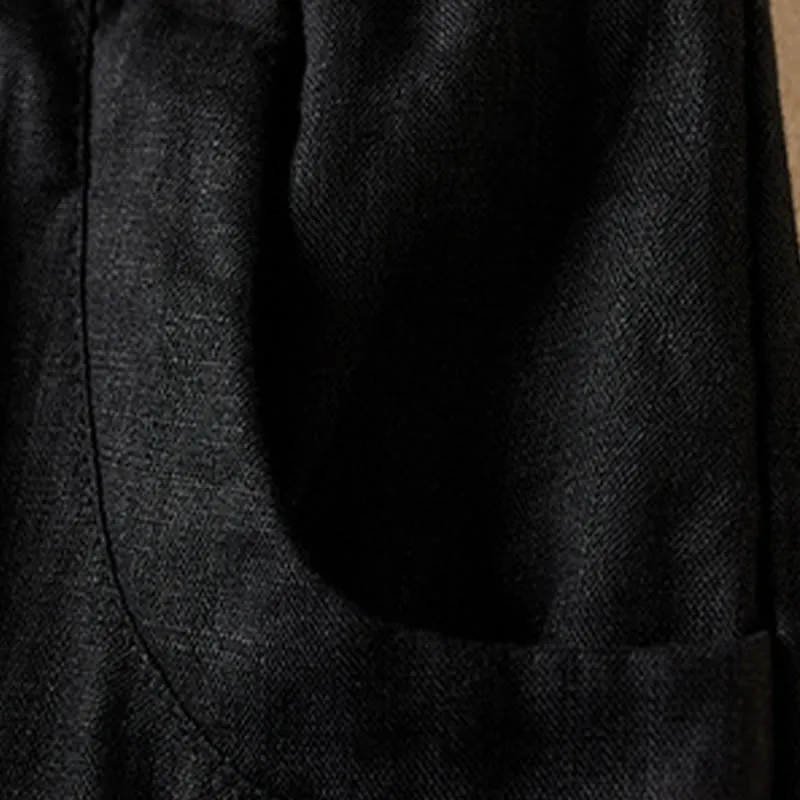Buddha Stones Wild Simple Design Embroidery Drawstring Cotton Linen Women's Shorts With Pockets