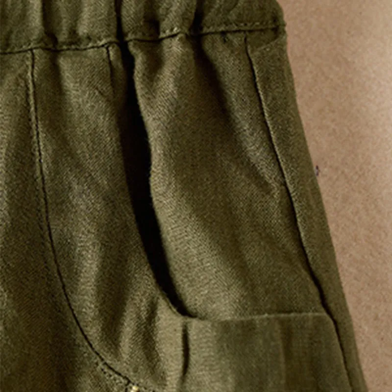 Buddha Stones Wild Simple Design Embroidery Drawstring Cotton Linen Women's Shorts With Pockets