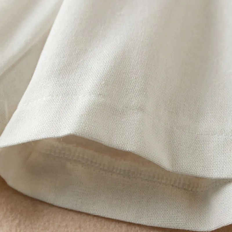 Buddha Stones Wild Simple Design Embroidery Drawstring Cotton Linen Women's Shorts With Pockets