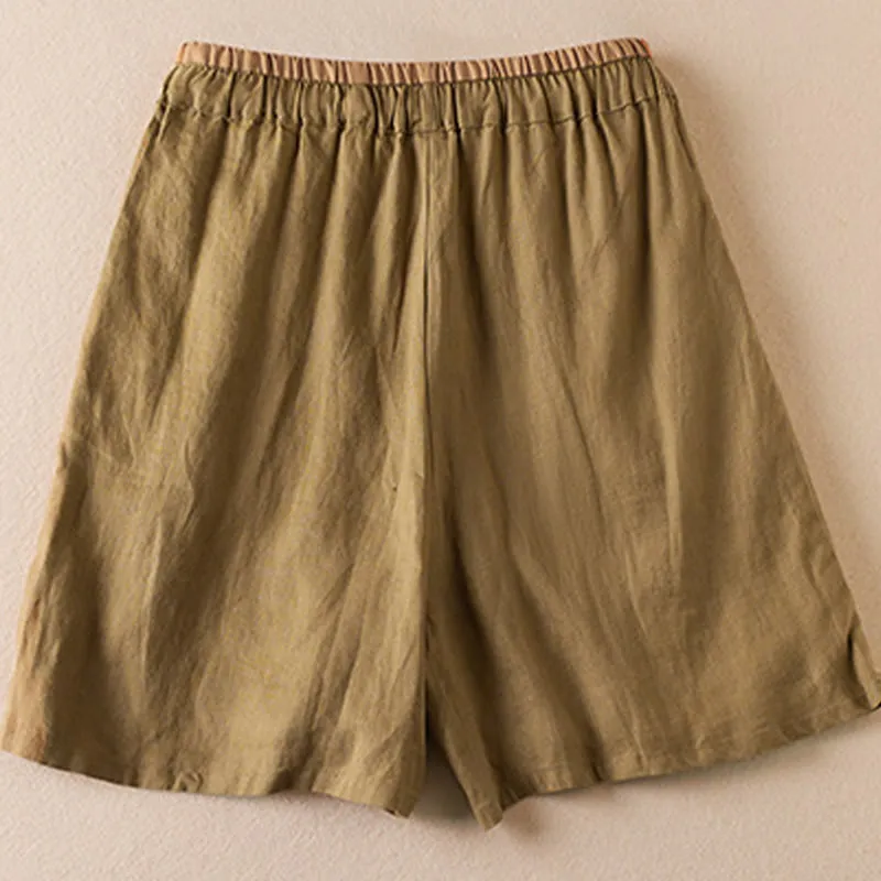 Buddha Stones Wild Simple Design Embroidery Drawstring Cotton Linen Women's Shorts With Pockets
