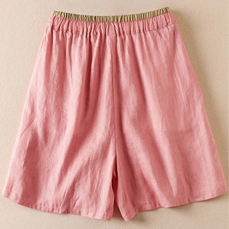 Buddha Stones Wild Simple Design Embroidery Drawstring Cotton Linen Women's Shorts With Pockets