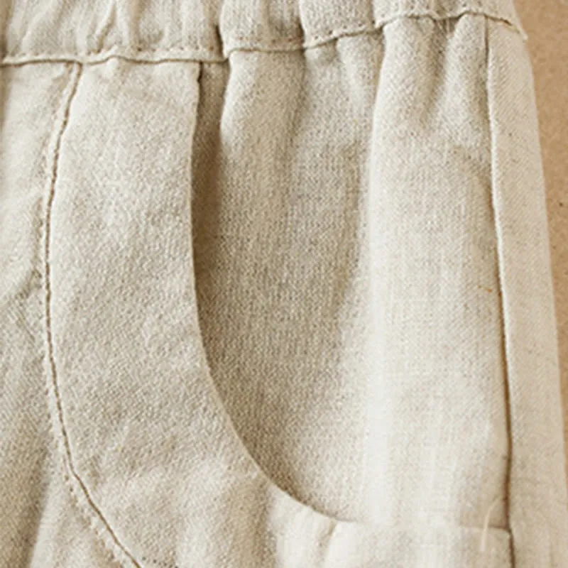 Buddha Stones Wild Simple Design Embroidery Drawstring Cotton Linen Women's Shorts With Pockets