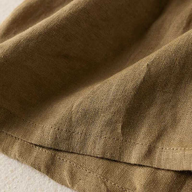 Buddha Stones Wild Simple Design Embroidery Drawstring Cotton Linen Women's Shorts With Pockets