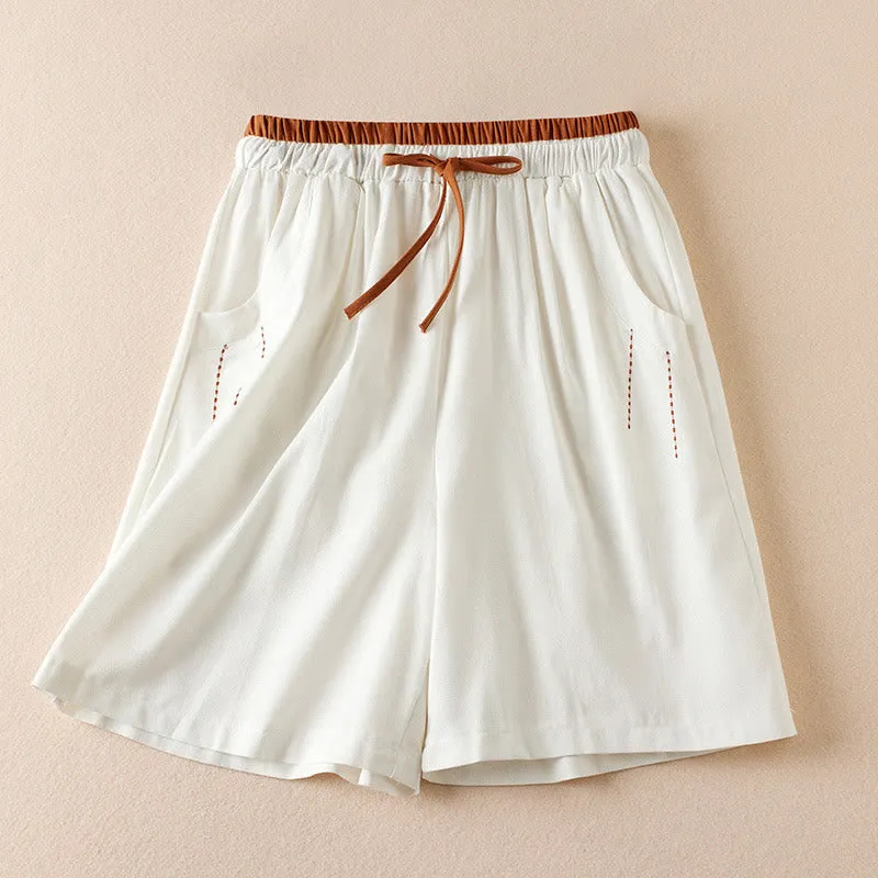 Buddha Stones Wild Simple Design Embroidery Drawstring Cotton Linen Women's Shorts With Pockets