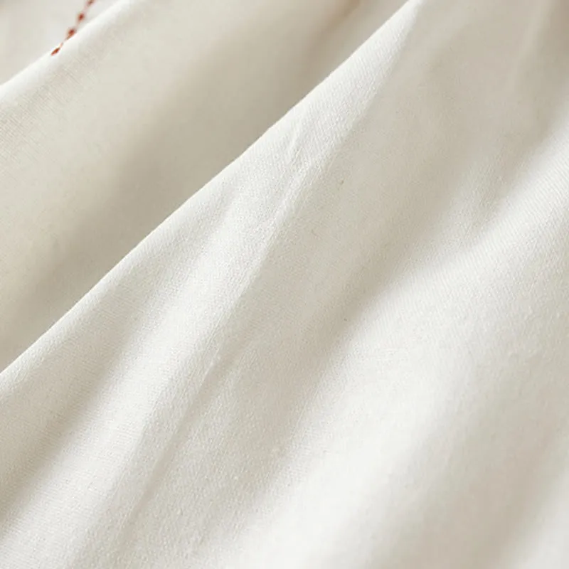 Buddha Stones Wild Simple Design Embroidery Drawstring Cotton Linen Women's Shorts With Pockets
