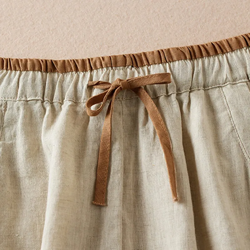 Buddha Stones Wild Simple Design Embroidery Drawstring Cotton Linen Women's Shorts With Pockets