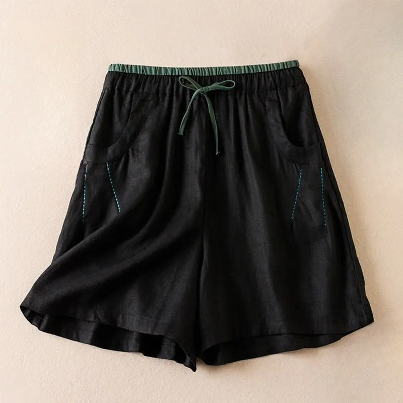 Buddha Stones Wild Simple Design Embroidery Drawstring Cotton Linen Women's Shorts With Pockets