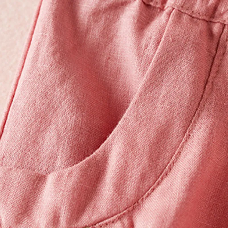 Buddha Stones Wild Simple Design Embroidery Drawstring Cotton Linen Women's Shorts With Pockets