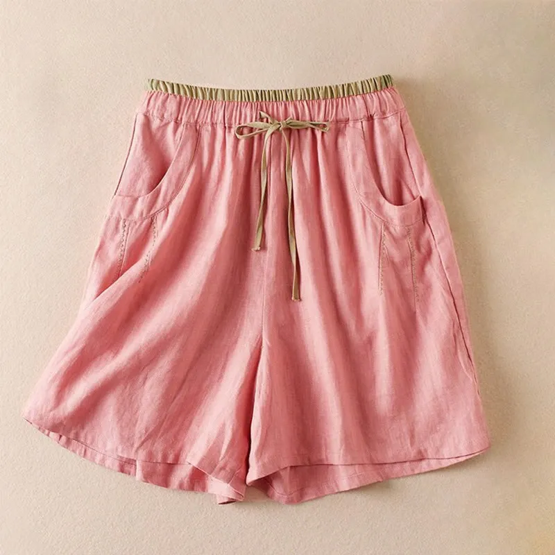 Buddha Stones Wild Simple Design Embroidery Drawstring Cotton Linen Women's Shorts With Pockets