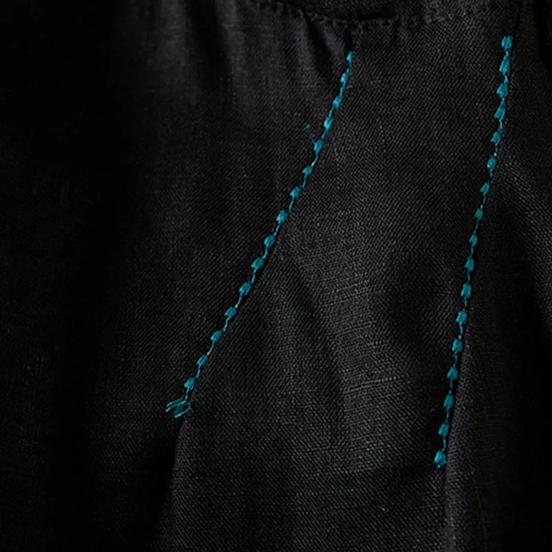Buddha Stones Wild Simple Design Embroidery Drawstring Cotton Linen Women's Shorts With Pockets
