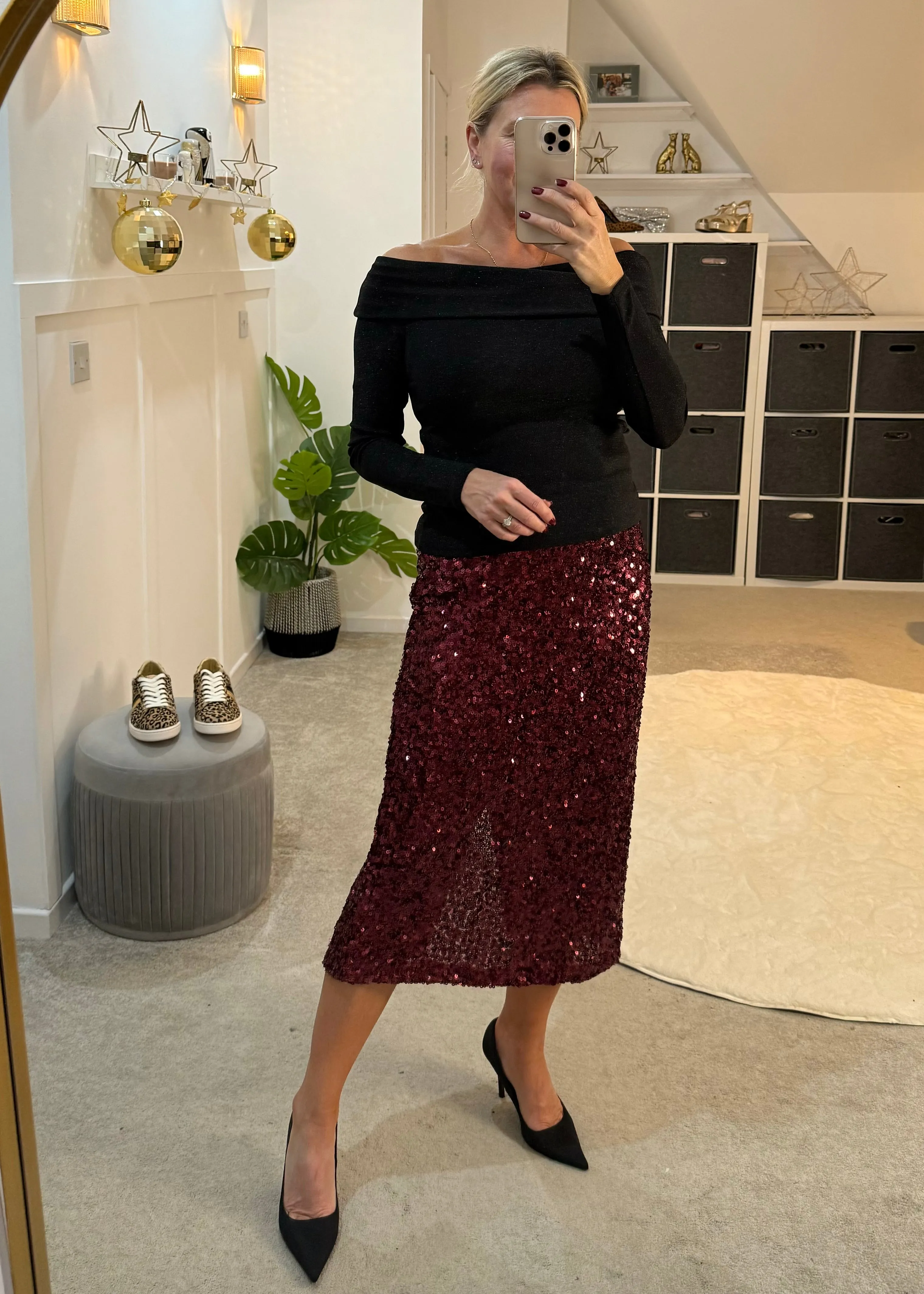 Burgundy Luxe Sequin Pencil Skirt