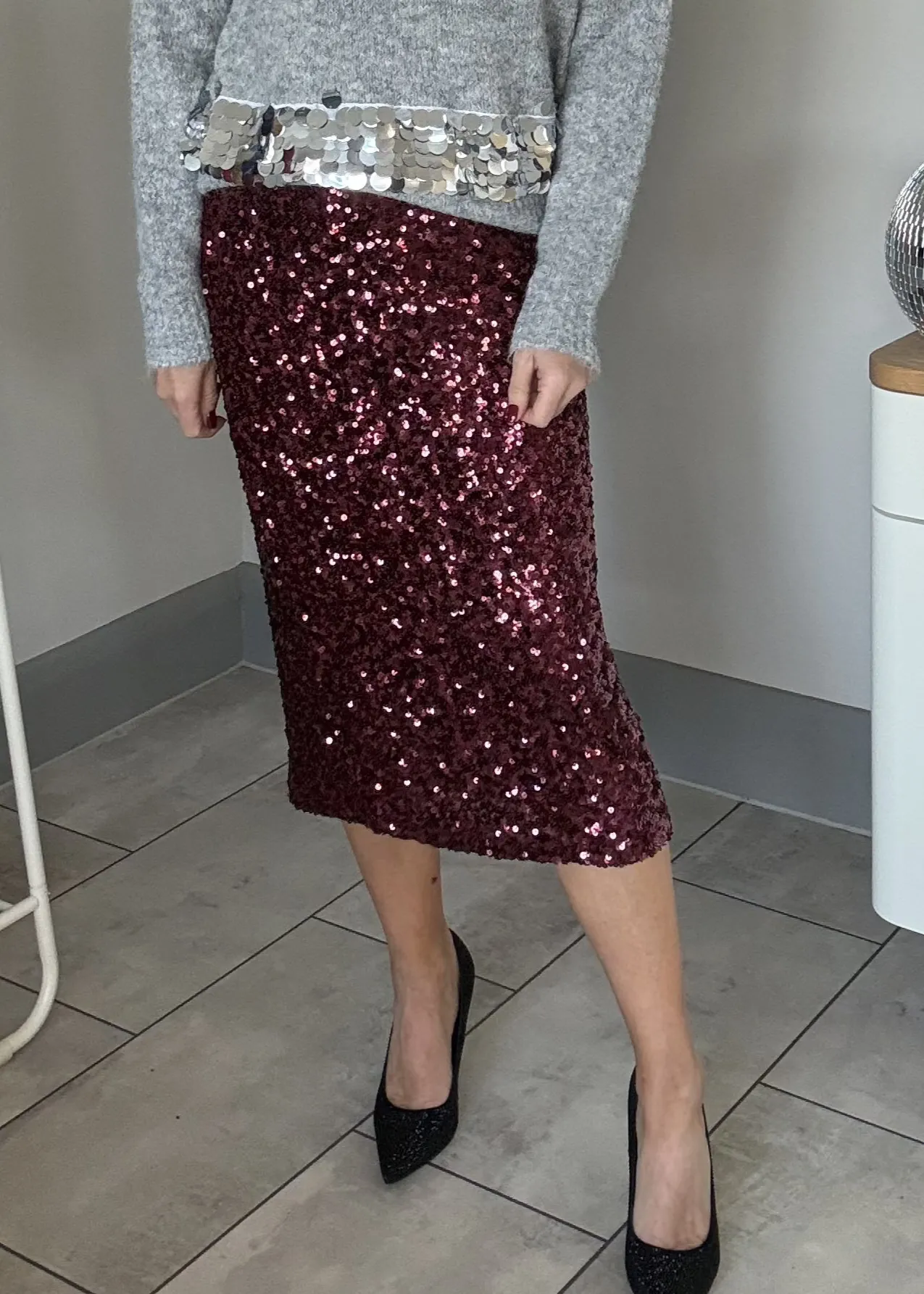 Burgundy Luxe Sequin Pencil Skirt