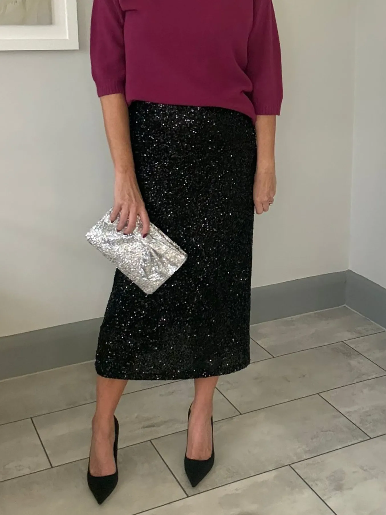 Burgundy Luxe Sequin Pencil Skirt