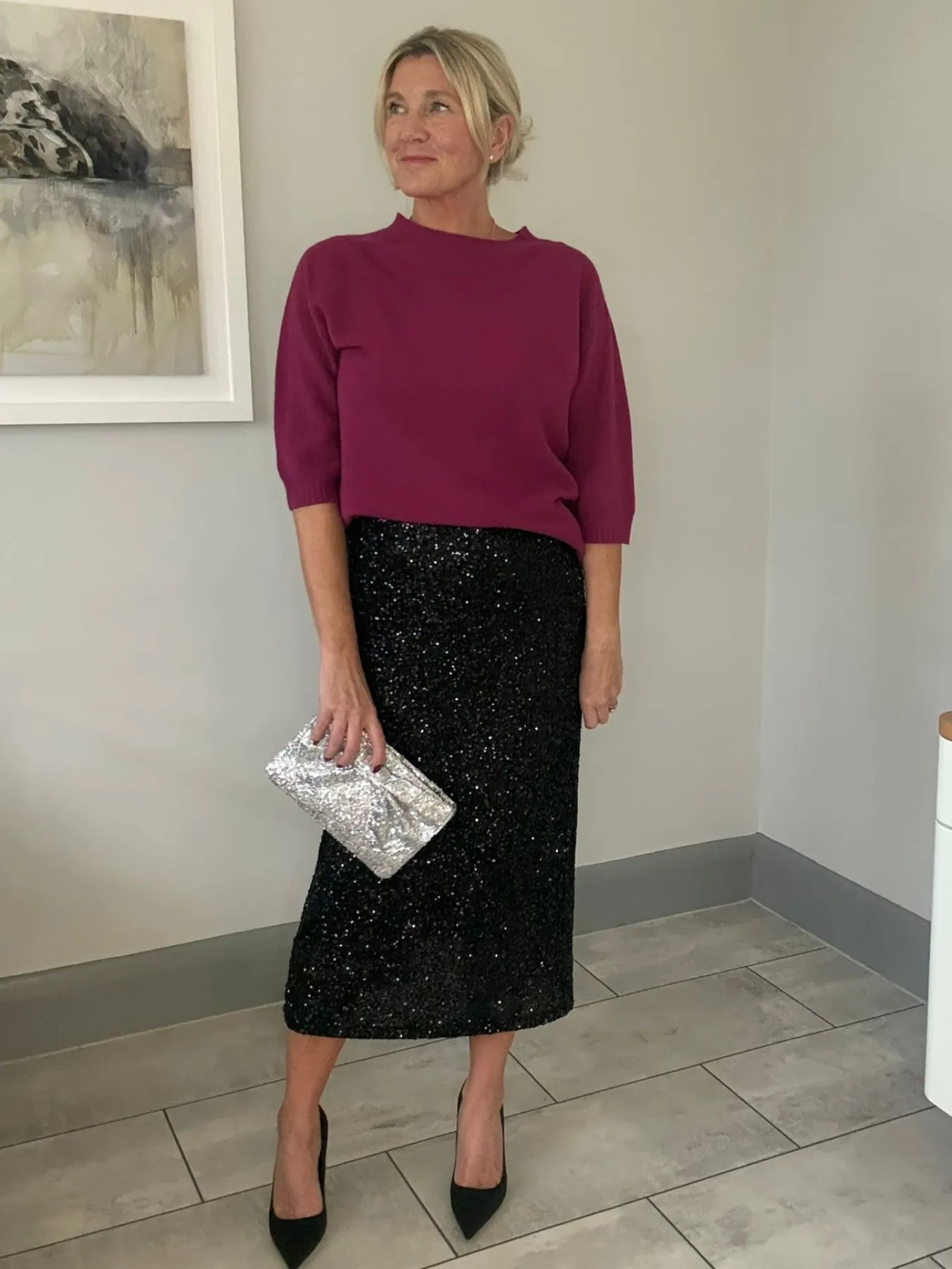 Burgundy Luxe Sequin Pencil Skirt