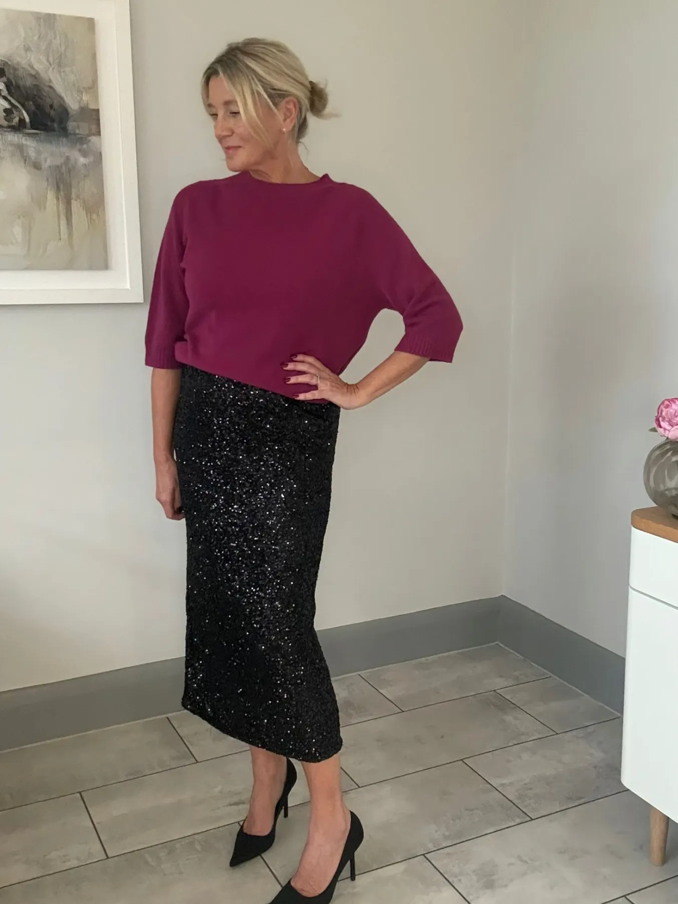 Burgundy Luxe Sequin Pencil Skirt