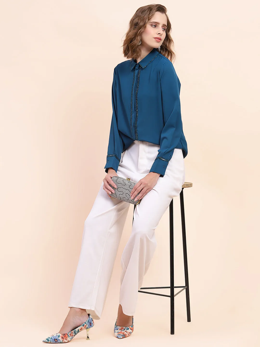 Camla Barcelona Embellished Marinetal Teal Regular Shirt