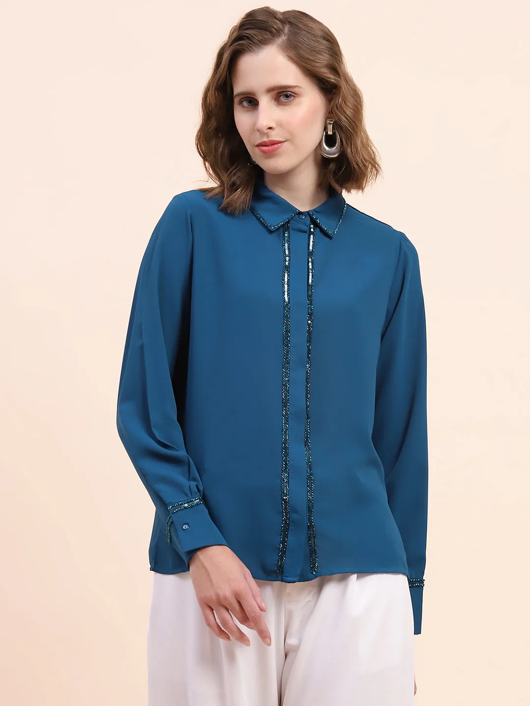 Camla Barcelona Embellished Marinetal Teal Regular Shirt