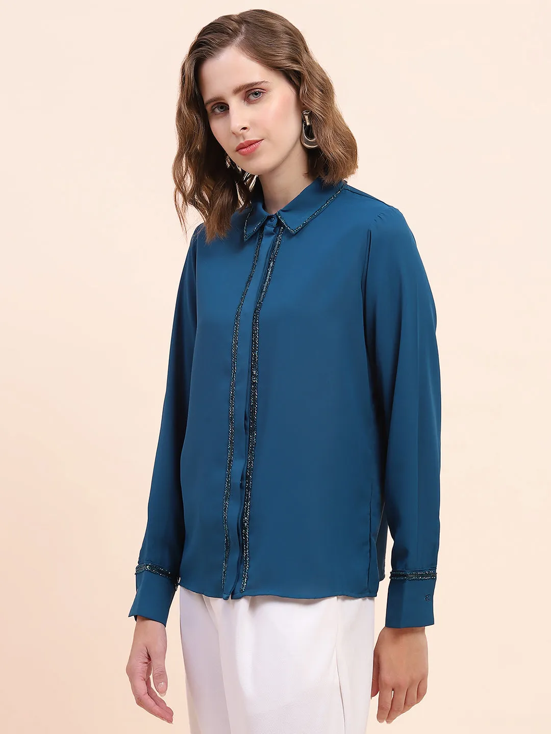 Camla Barcelona Embellished Marinetal Teal Regular Shirt