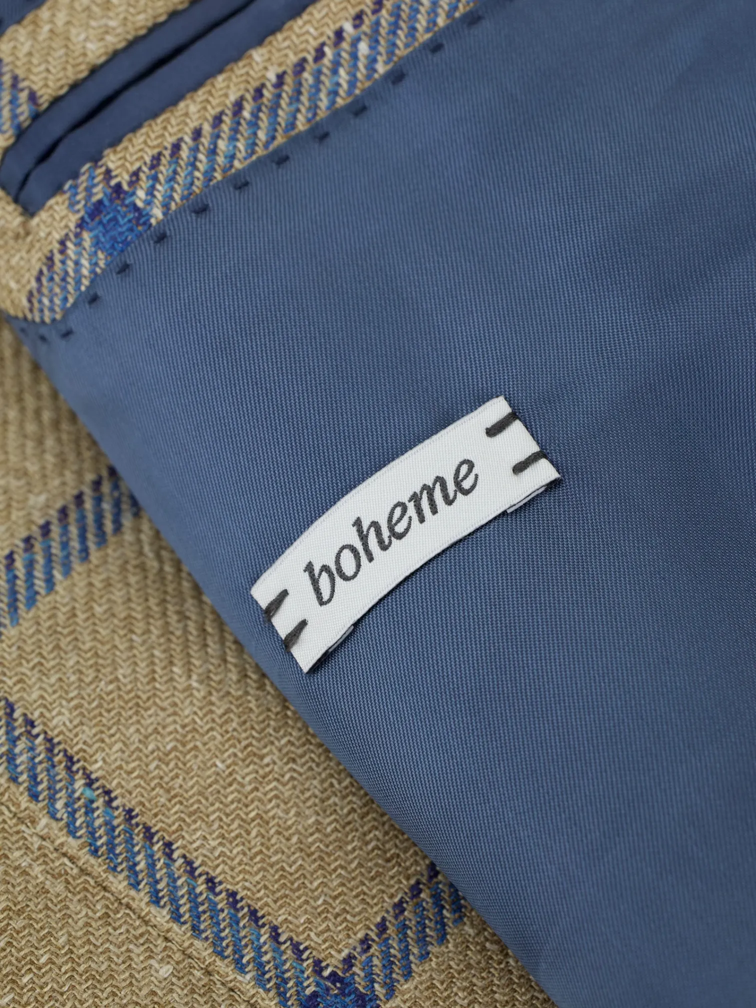 Caruso Beige & Blue Wool, Silk & Linen Windowpane Boheme Jacket