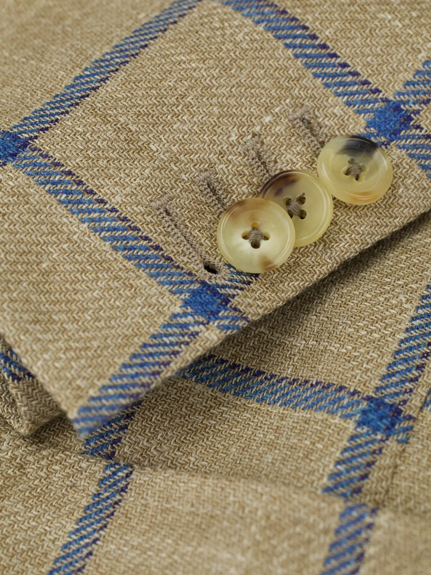 Caruso Beige & Blue Wool, Silk & Linen Windowpane Boheme Jacket
