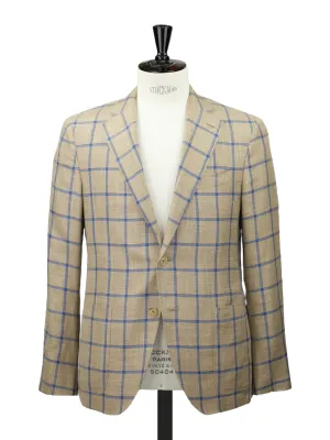 Caruso Beige & Blue Wool, Silk & Linen Windowpane Boheme Jacket