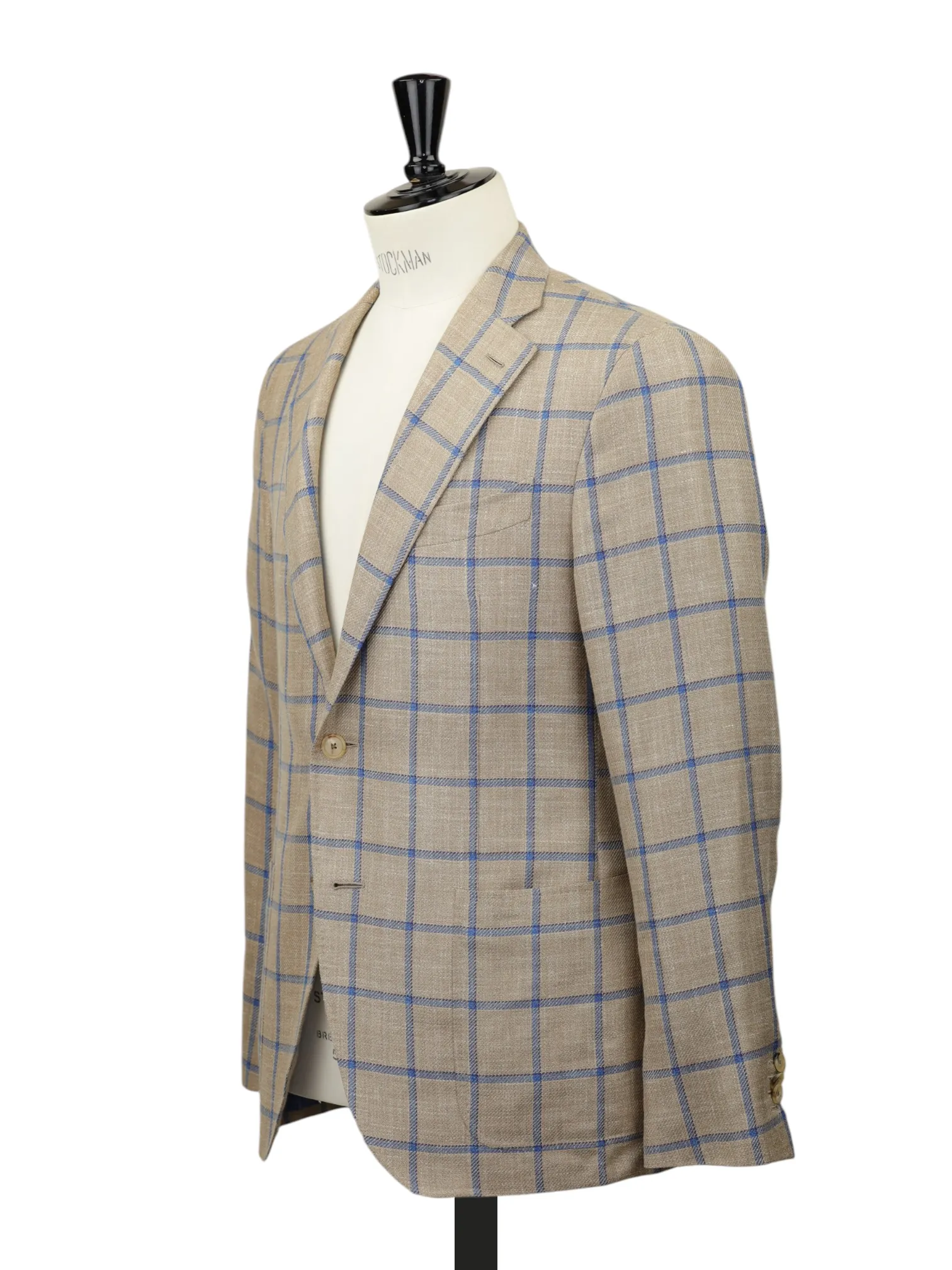Caruso Beige & Blue Wool, Silk & Linen Windowpane Boheme Jacket