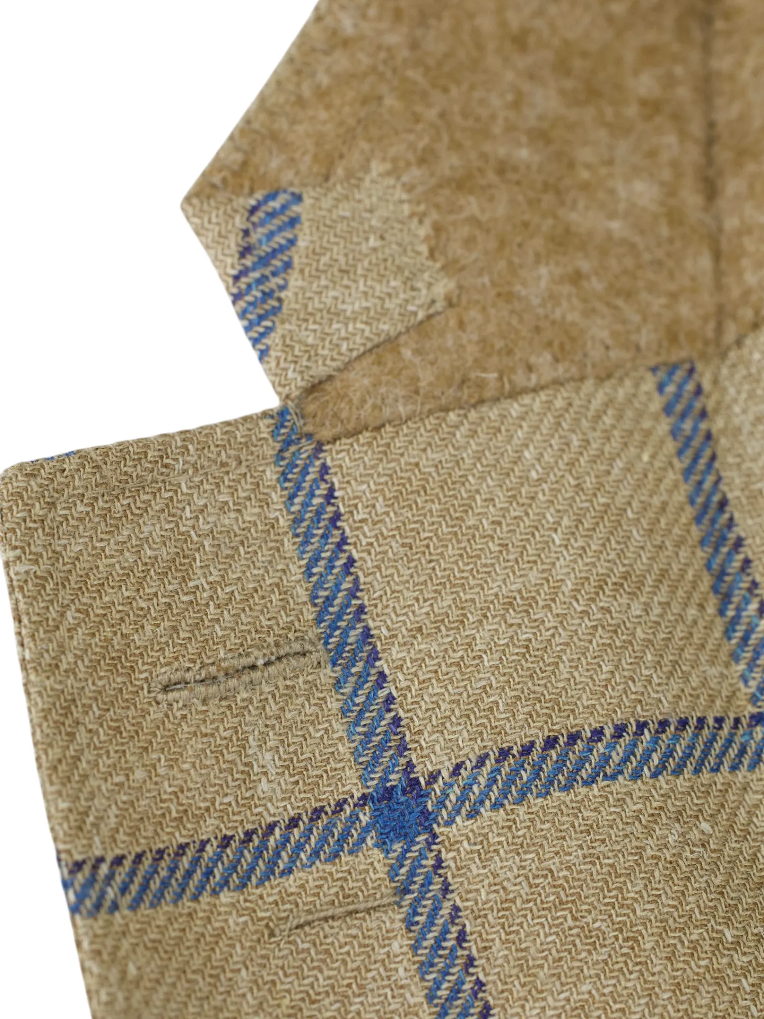 Caruso Beige & Blue Wool, Silk & Linen Windowpane Boheme Jacket